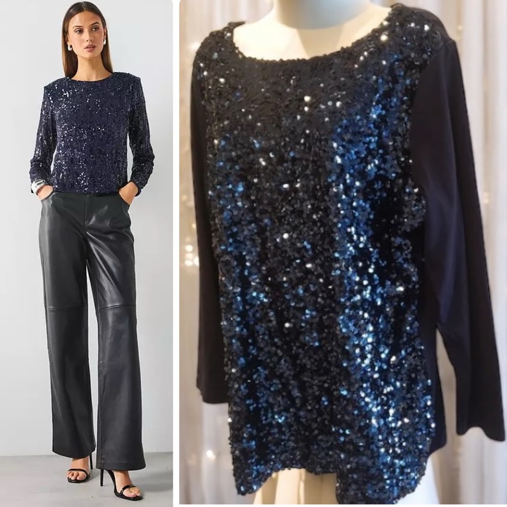 Shimmering Sequins Blouse Holiday Midnight Blue Talbots Womens Size 1X Petite